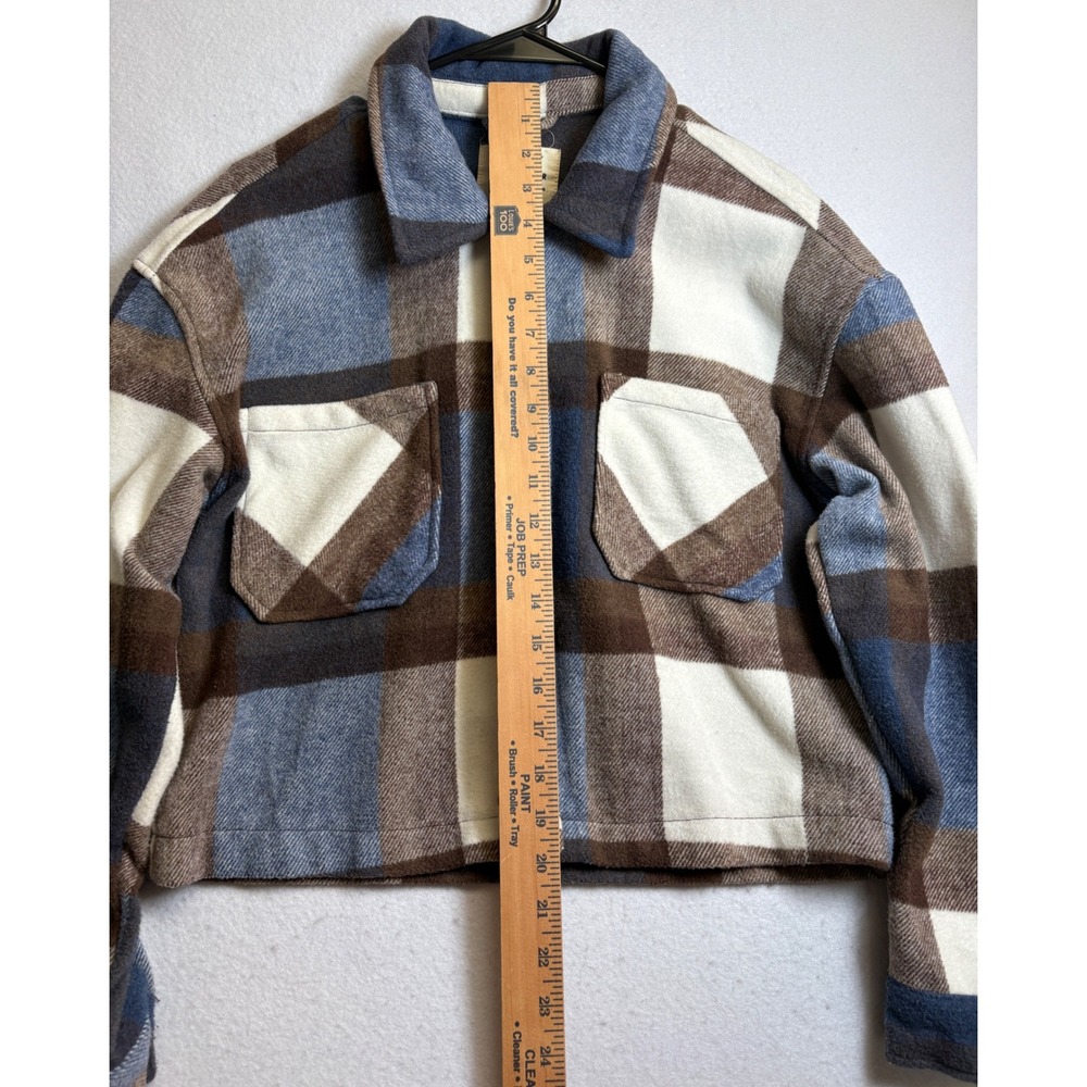Ashley By 26 International Cropped Plaid Shacket Blue Brown Wool Blend Small - Picture 8 of 9